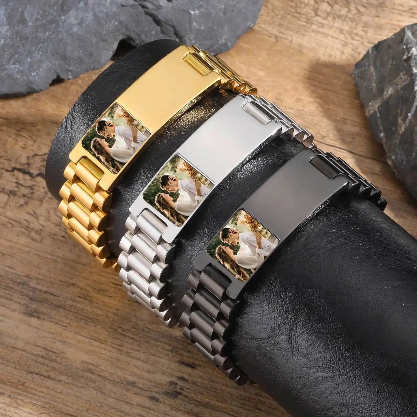 Bracelet en acier inoxydable avec photo personnalisée pour homme, bracelets d'identification, bracelet gravé gratuit Ma boutique