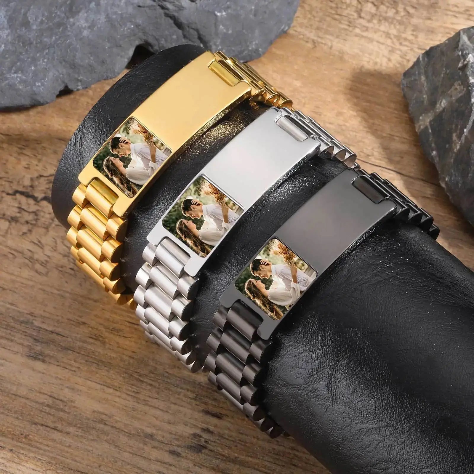 Bracelet en acier inoxydable avec photo personnalisée pour homme, bracelets d'identification, bracelet gravé gratuit Ma boutique
