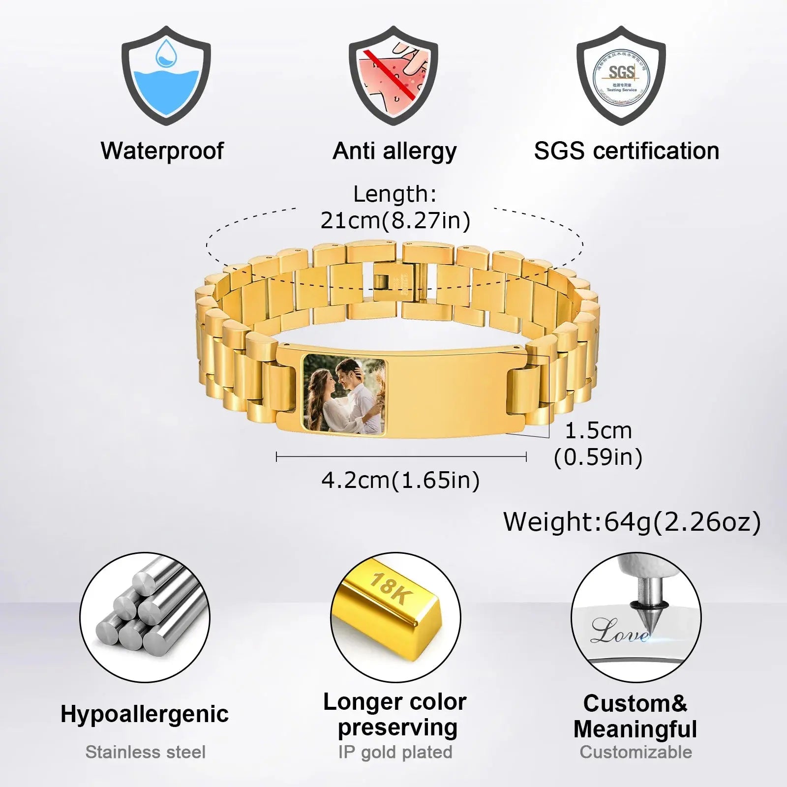 Bracelet en acier inoxydable avec photo personnalisée