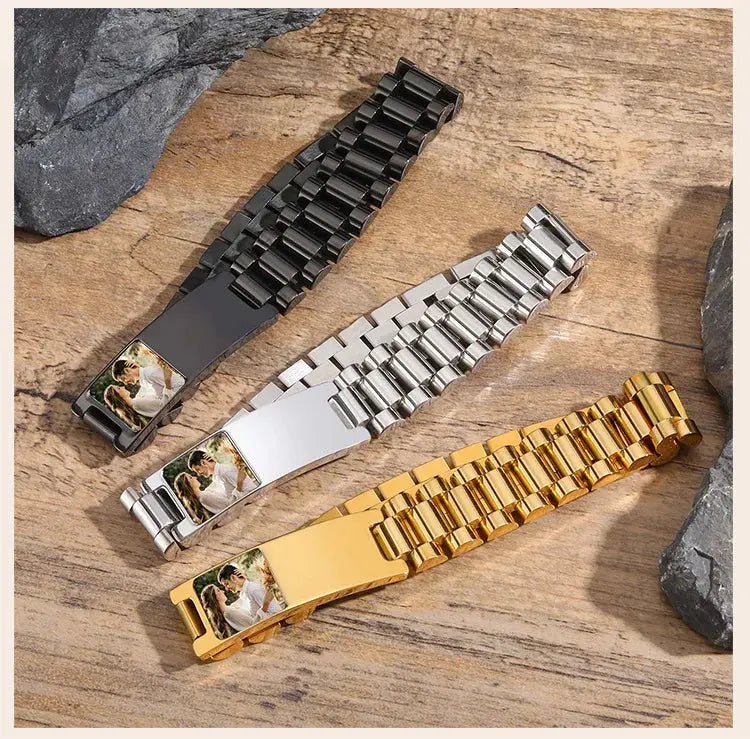 Bracelet en acier inoxydable avec photo personnalisée pour homme, bracelets d'identification, bracelet gravé