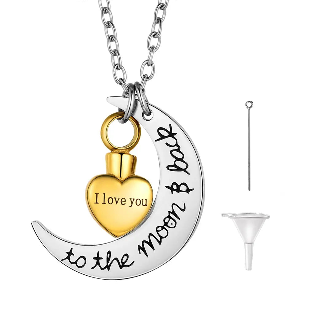 U7 croissant de lune coeur urne collier crémation bijoux pour cendres je t'aime à la lune et au dos Double pendentif à breloque chaîne Rolo 