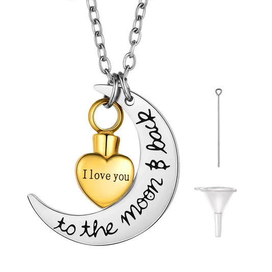 U7 croissant de lune coeur urne collier crémation bijoux pour cendres je t'aime à la lune et au dos Double pendentif à breloque chaîne Rolo 