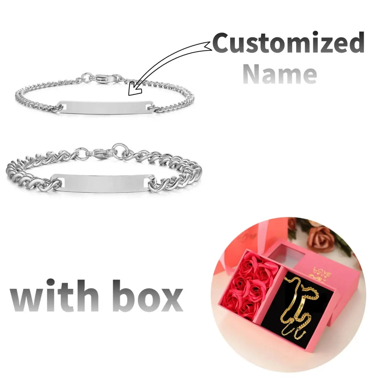 Ensemble de bracelets personnalisés pour couple avec boîte rose, nom personnalisé, barre de date, bijoux pour mari, petit ami, bracelets du jour de Léon pour elle Ma boutique