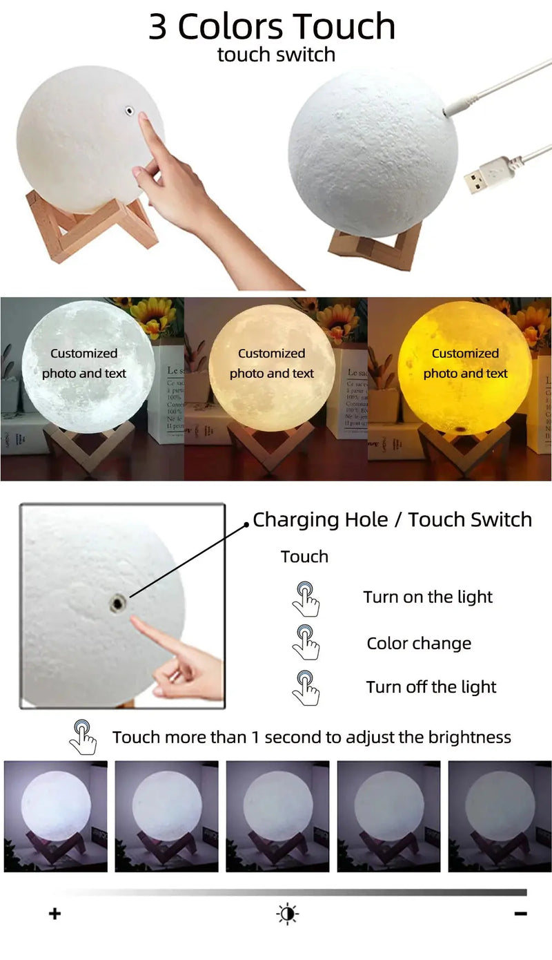 Lampe lunaire imprimée en 3D, texte Photo personnalisé, veilleuse USB personnalisée, anniversaire, fête des mères, saint-valentin, vacances, cadeau lunaire Ma boutique