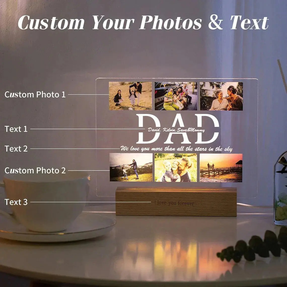 Lampe acrylique 3D personnalisée avec photo et texte, veilleuse personnalisée pour chambre à coucher, maman, papa, amour, famille