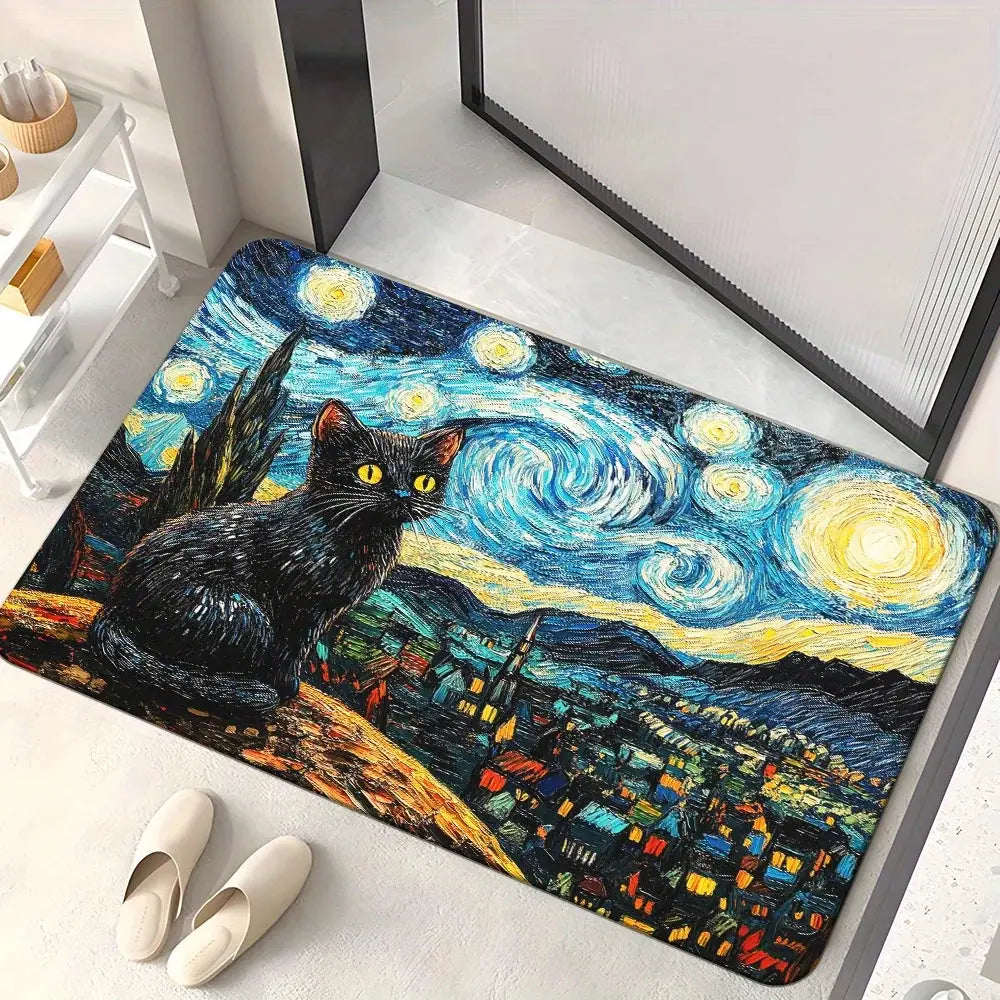 Paillasson chat noir nuit étoilée – Tapis de décoration d'intérieur antidérapant et durable pour entrée ou salle de bain, cadeau unique, design artistique Ma boutique