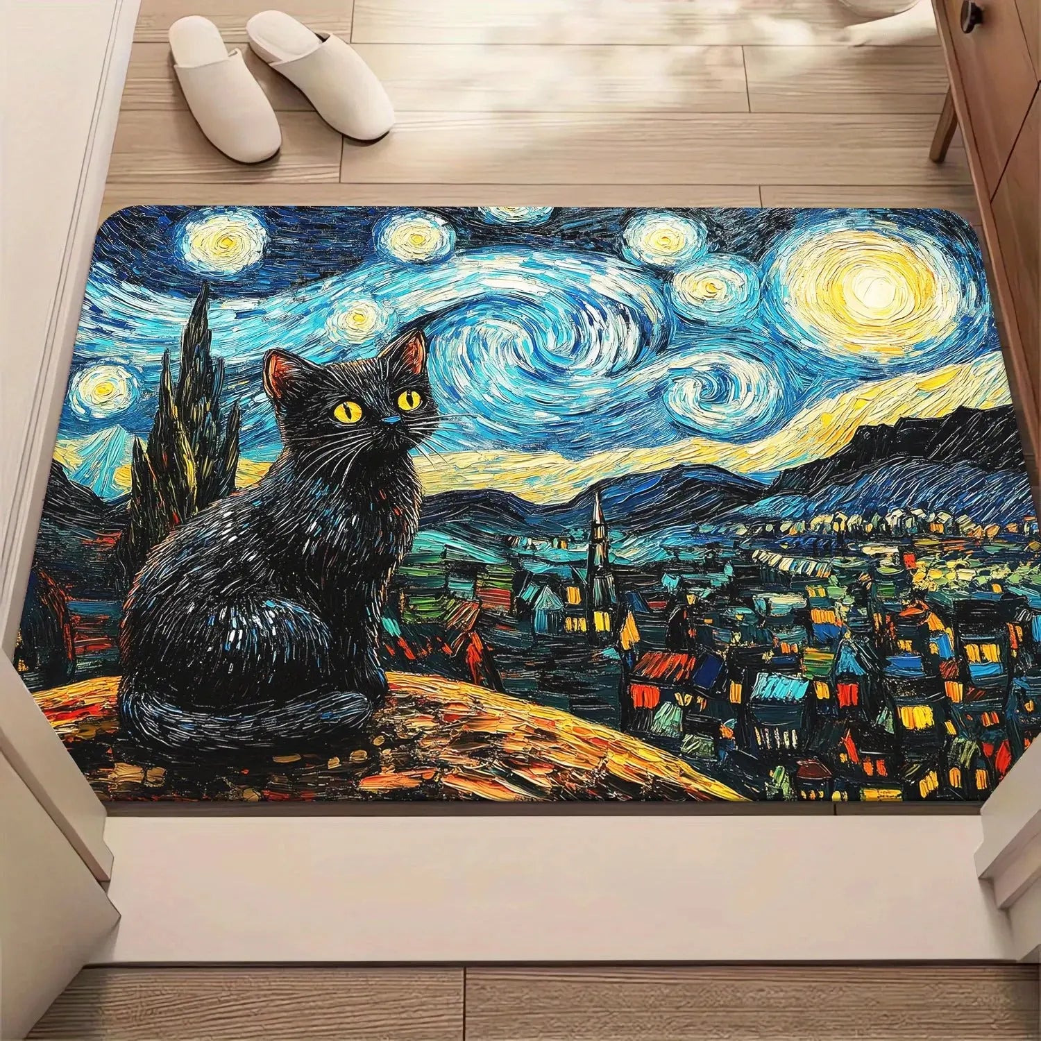 Paillasson chat noir nuit étoilée – Tapis de décoration d'intérieur antidérapant et durable pour entrée ou salle de bain, cadeau unique, design artistique Ma boutique