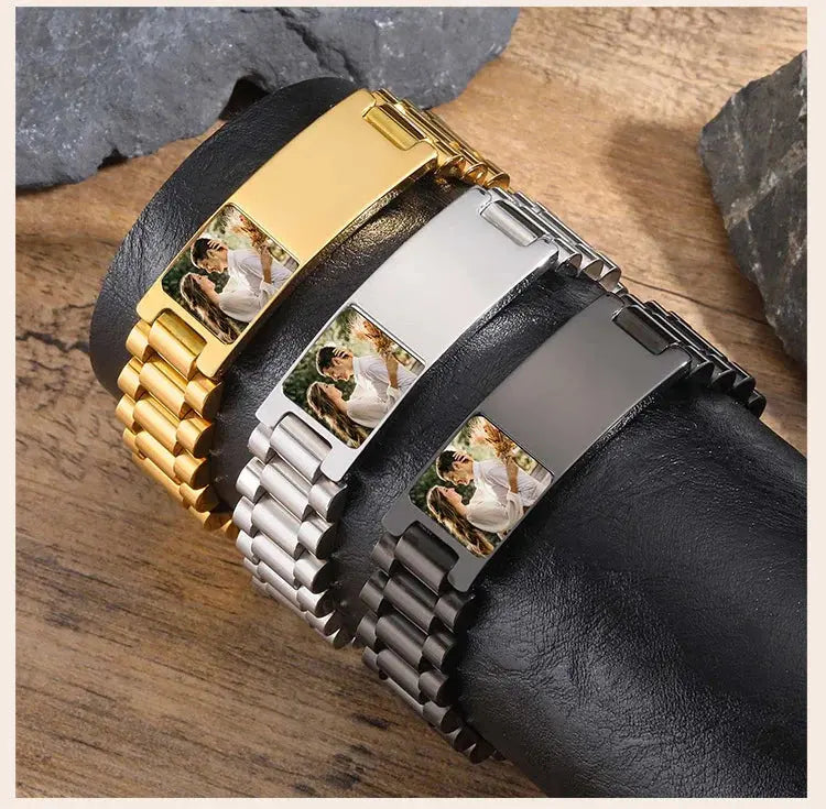 Bracelet en acier inoxydable avec photo personnalisée pour homme, bracelets d'identification, bracelet gravé gratuit Ma boutique