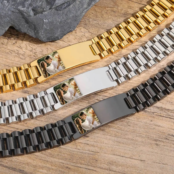 Bracelet en acier inoxydable avec photo personnalisée pour homme, bracelets d'identification, bracelet gravé gratuit Ma boutique