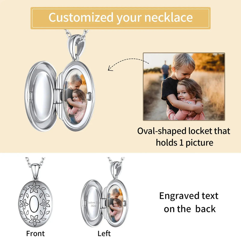 U7 925 argent Sterling personnalisé Photo ovale médaillon collier pour les femmes personnalisé graver fleur votre photo bijoux cadeau pour elle Ma boutique
