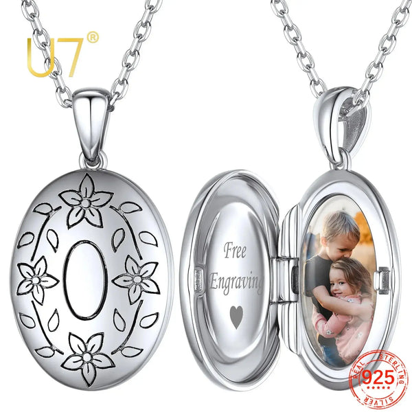 U7 925 argent Sterling personnalisé Photo ovale médaillon collier pour les femmes personnalisé graver fleur votre photo bijoux cadeau pour elle