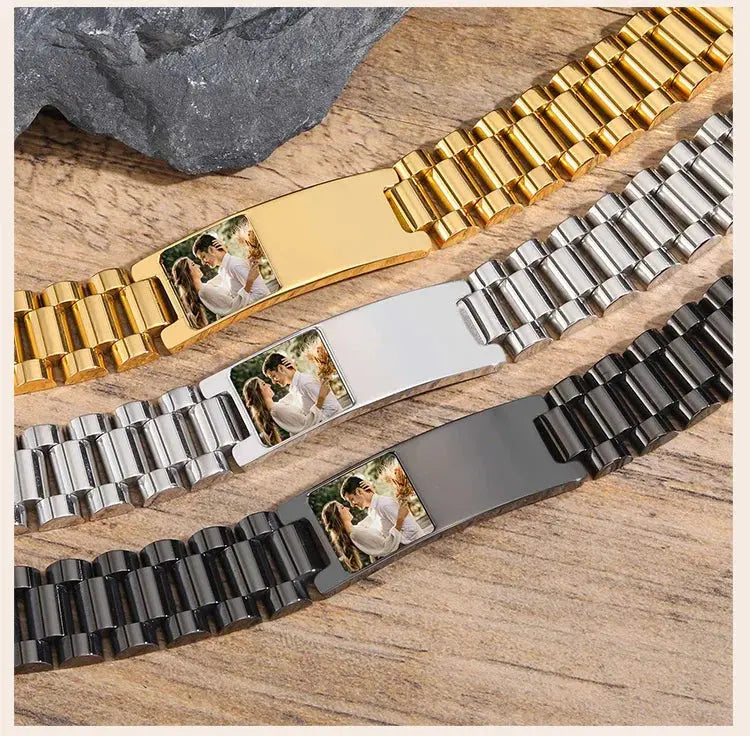 Bracelet en acier inoxydable avec photo personnalisée pour homme, bracelets d'identification, bracelet gravé gratuit Ma boutique