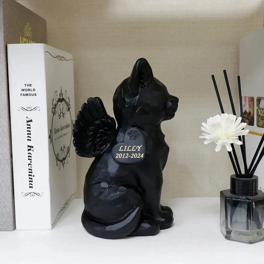 Statue de jardin commémorative d'ange chat noir personnalisé avec caractéristiques d'urne funéraire, 7.4 po (H) Ma boutique