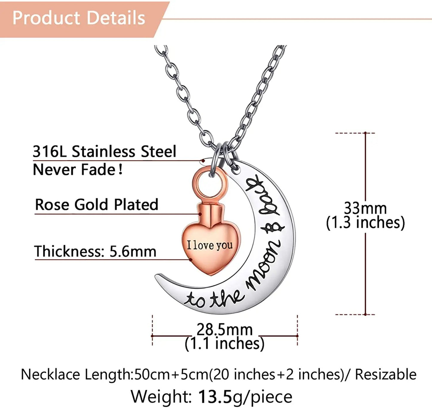 U7 croissant de lune coeur urne collier crémation bijoux pour cendres je t'aime à la lune et au dos Double pendentif à breloque chaîne Rolo Ma boutique