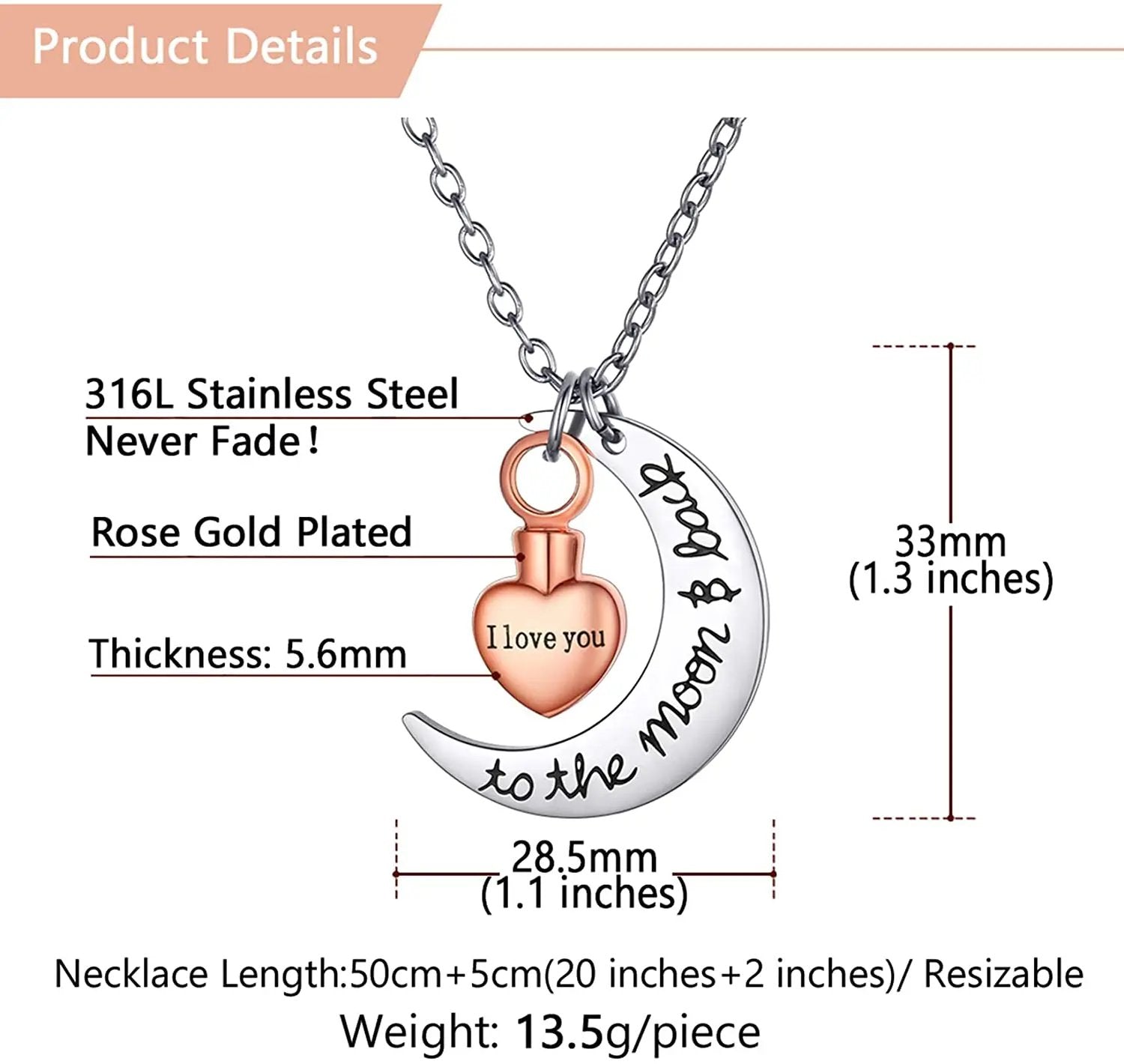 U7 croissant de lune coeur urne collier crémation bijoux pour cendres je t'aime à la lune et au dos Double pendentif à breloque chaîne Rolo Ma boutique