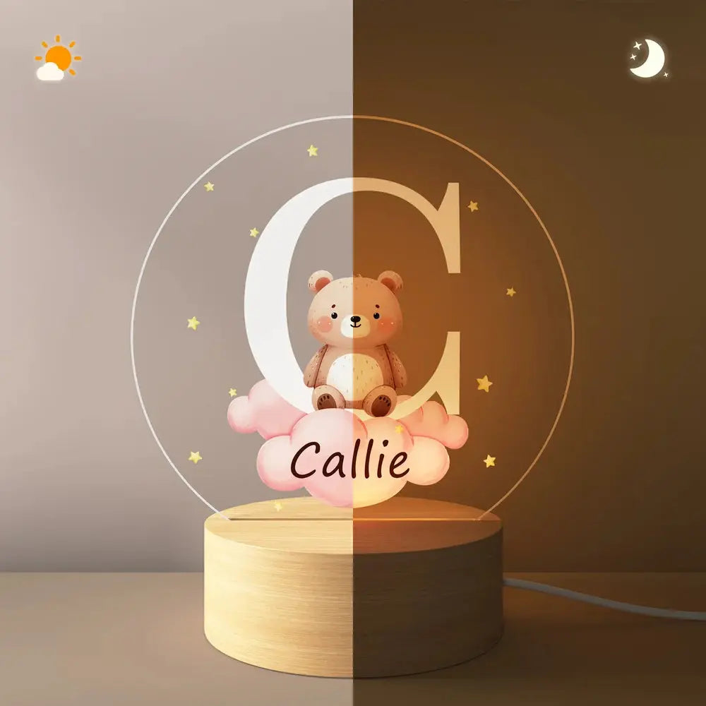 Veilleuse LED Personnalisée avec Initiale et Nom Décoration de Chambre avec Socle en Bois Cadeau Noël Anniversaire Naissance pour Enfant