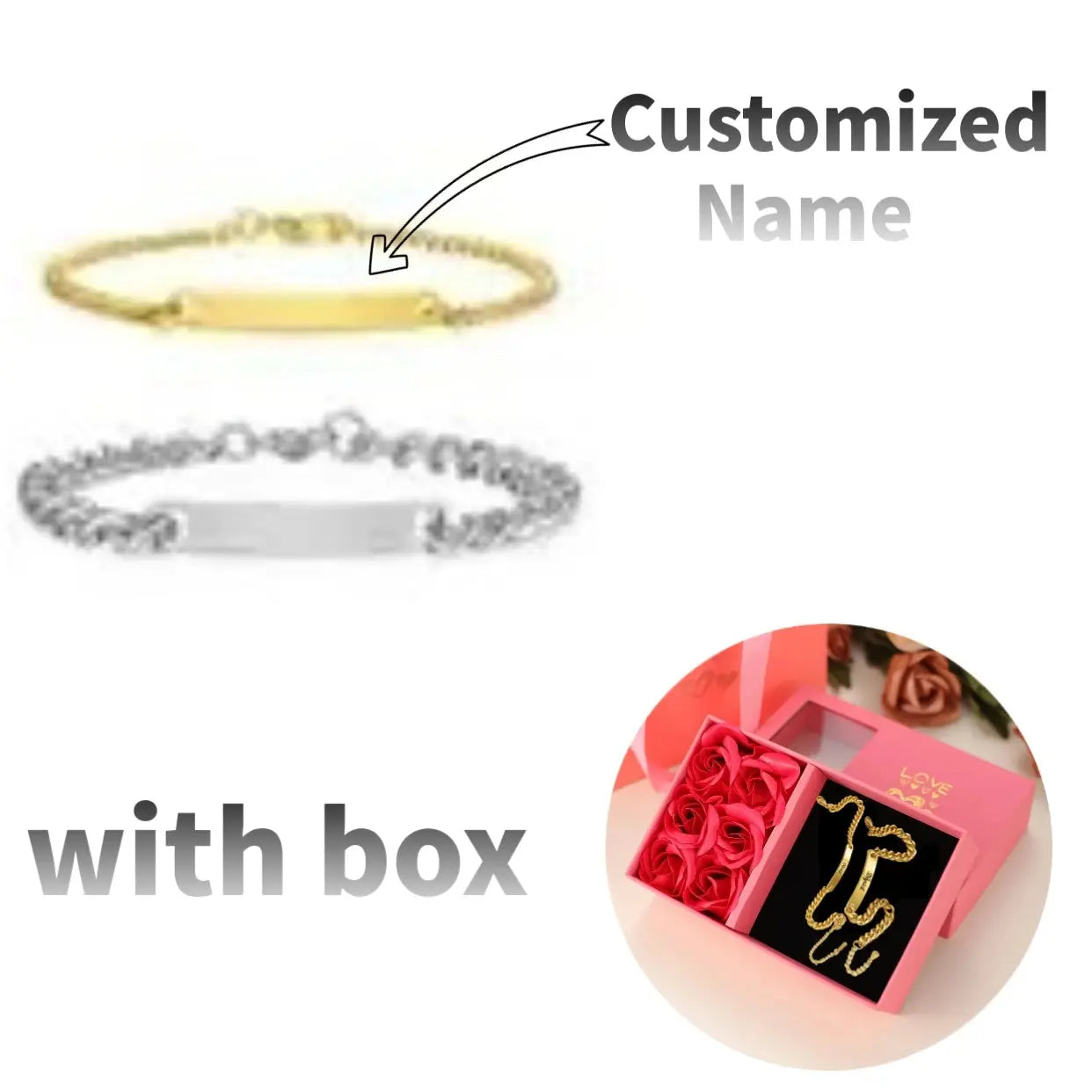 Ensemble de bracelets personnalisés pour couple avec boîte rose, nom personnalisé, barre de date, bijoux pour mari, petit ami, bracelets du jour de Léon pour elle Ma boutique