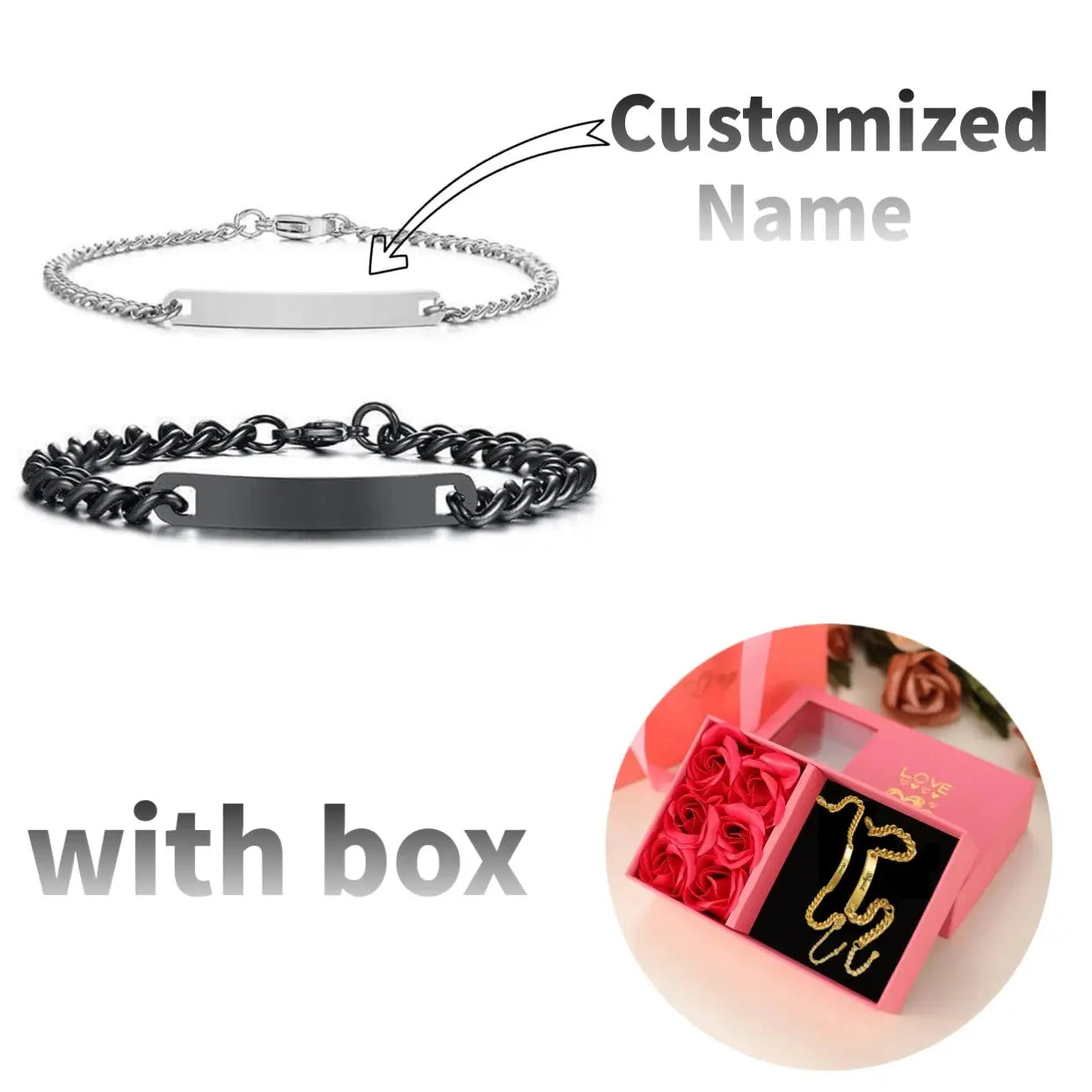 Ensemble de bracelets personnalisés pour couple avec boîte rose, nom personnalisé, barre de date, bijoux pour mari, petit ami, bracelets du jour de Léon pour elle Ma boutique