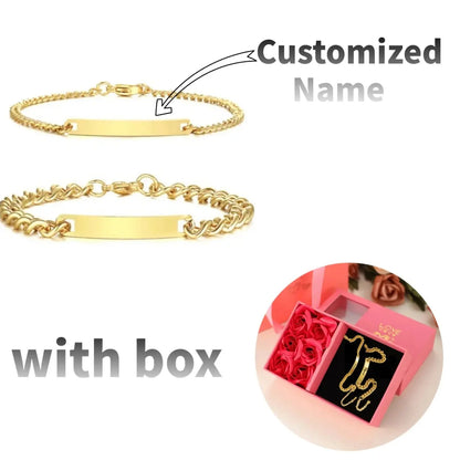 Ensemble de bracelets personnalisés pour couple avec boîte rose, nom personnalisé, barre de date, bijoux pour mari, petit ami, bracelets du jour de Léon pour elle Ma boutique