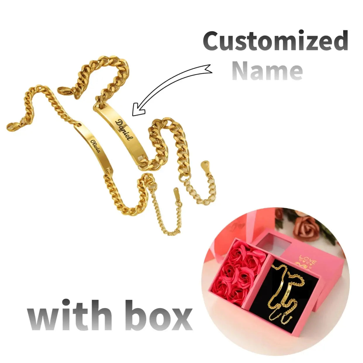 Ensemble de bracelets personnalisés pour couple avec boîte rose, nom personnalisé, barre de date, bijoux pour mari, petit ami, bracelets du jour de Léon pour elle Ma boutique