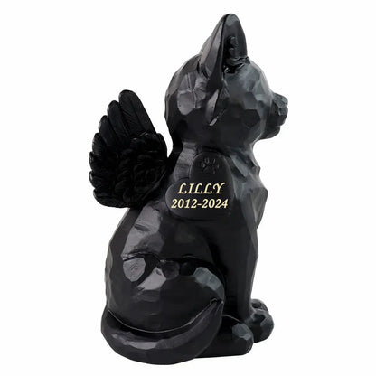 Statue de jardin commémorative d'ange chat noir personnalisé avec caractéristiques d'urne funéraire, 7.4 po (H)