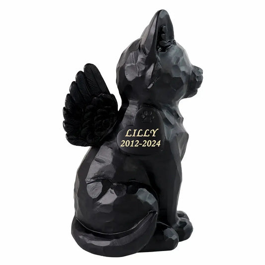 Statue de jardin commémorative d'ange chat noir personnalisé avec caractéristiques d'urne funéraire, 7.4 po (H)